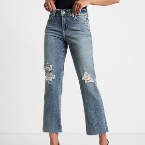 Express Mid Rise Medium Wash Ripped 90s Ankle Boot Jeans